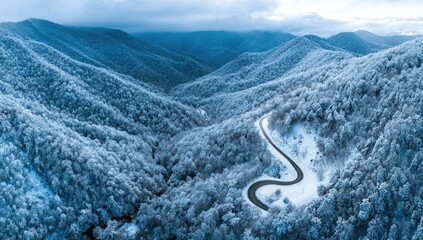 Snowy mountain road winding through a dense forest. A bird's-eye view reveals a winding road snaking through a blanket of snow-covered trees nestled in a valley between mountain ranges