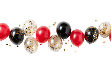Festive red black and confetti balloons arranged in a horizontal line against a dark background