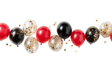 Festive red black and confetti balloons arranged in a horizontal line against a dark background