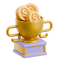 Golden Trophy Cup Filled with Gold Dollar Coins, Symbolizing Financial Success and Wealth Achievement