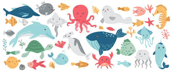 Colorful marine life illustration featuring whales, dolphins, octopus, seal, and jellyfish, anglerfish, angelfish, turtle, porcupine puffer fish, goldfish, squid, blowfish. Cute aquatic animals set