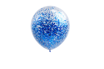 A single transparent balloon filled with sparkling blue glitter and confetti against a stark black background