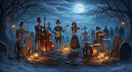 Fototapeta premium Skeleton band plays lively tunes in spooky graveyard under full moon, perfect for Halloween promotions