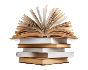 Open book atop stack of books