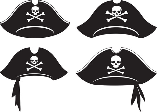 Four black pirate hats with skull and crossbones silhouette