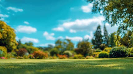 Obraz premium Beautiful blurred background image of spring nature with a neatly trimmed lawn surrounded by trees against a blue sky with clouds on a bright sunny day.