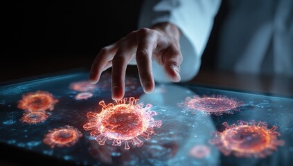 A hand interacts with a digital display showing magnified virus particles