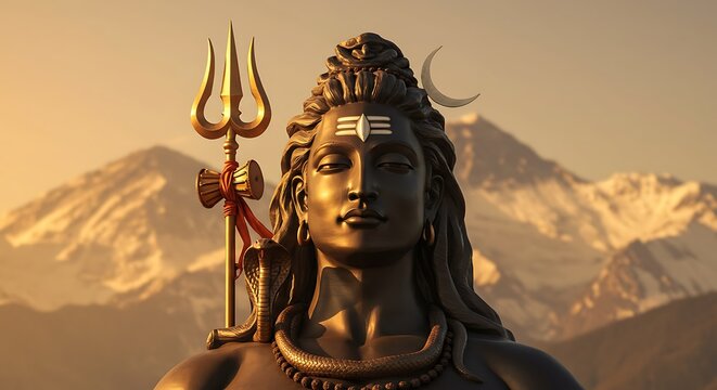 Serene bronze statue of Lord Shiva, Hindu deity, against majestic snow-capped mountains at sunset.