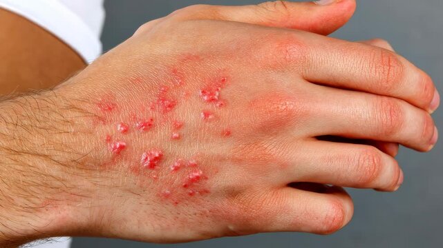 Skin condition affects hand appearance with red patches and bumps seen during a close-up examination in a clinical setting