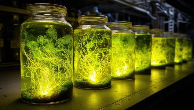 Illuminated jars, glowing green/yellow liquid, with intricate branching structures - Powered by Adobe