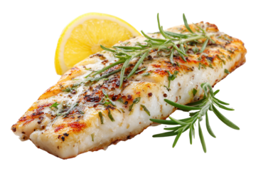 Delicious grilled white fish fillet seasoned with herbs and spices served with a lemon wedge on a black background
