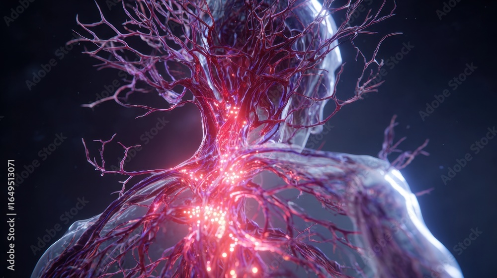 Poster medical visualization displaying glowing lymph nodes resembling a branching tree within a transparen