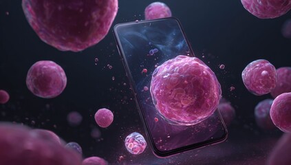 Naklejka premium Futuristic medical device. Pink cells surround a smartphone