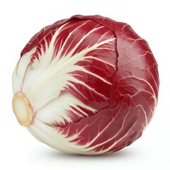 Obraz premium Fresh radicchio round head on white background displaying red and cream leaf pattern, premium Italian chicory vegetable