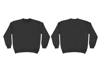 Blank sweatshirt color black template front and back view on white background. crew neck mock up