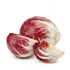 Obraz premium Radicchio lettuce head quartered showing red and white leaf layers with dense yellow core on white background food photography