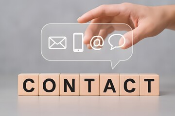 Contact us or Customer support hotline people connect. Businessman touching on virtual screen contact icons ( email, address, live chat, internet Wi-Fi ). Website page contact us.