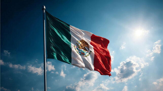 Vibrant flag of Mexico waving majestically against a clear sky on Independence Day celebration - Powered by Adobe