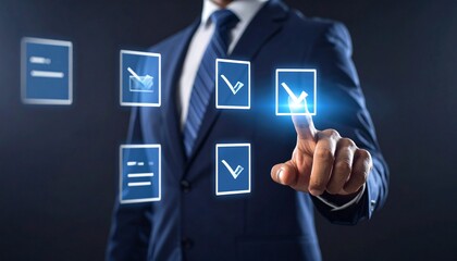 A scene where a man in a suit selects from a virtual checklist floating in the air