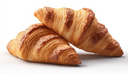 Two golden-brown croissants, stacked slightly, sit angled on a plain white background.  Their flaky, layered exterior is beautifully detailed, with visible ridges and creases