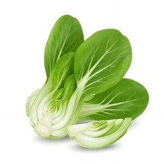 Fresh bok choy Chinese cabbage head with sliced pieces showing layered structure, healthy organic Asian vegetable isolated on white