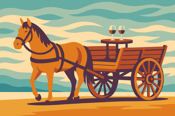 A cart table contains a dish, wine, and glasses, possibly symbolizing a street food or cafe logo