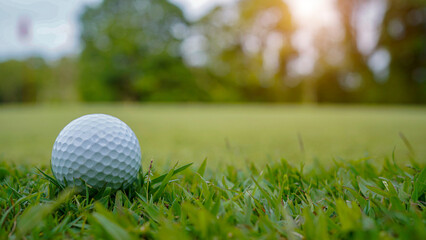 Golf ball on green grass in the evening golf course with sunshine background.