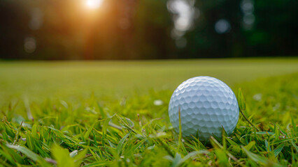 Golf ball on green grass in the evening golf course with sunshine background.