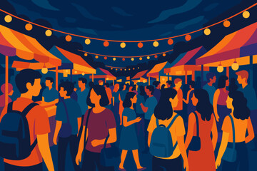 Vibrant Asian night market scene featuring traditional food stalls, colorful lanterns, and a lively crowd, ideal for cultural events and promotional activities