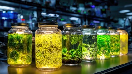Glass jars with glowing moss in a lab setting
