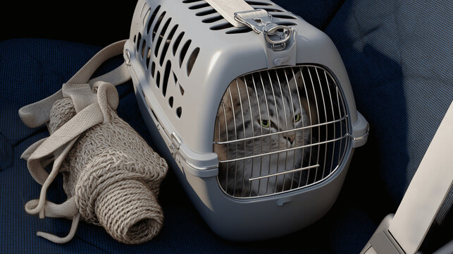Pet carrier safely buckled in passenger seat with visible surrounding space for safety context perfect for travel with animals pet transport promotions or responsible pet ownership awareness campaigns