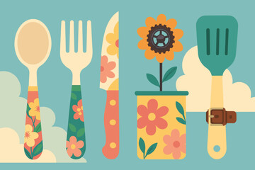 A kitchen setup includes a variety of cooking utensils and tools for culinary preparation, featuring several items for food preparation and baking at home