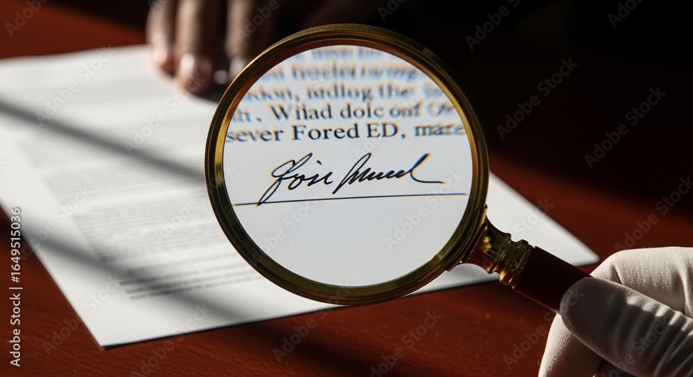Poster Magnifying glass over signature on document for verification