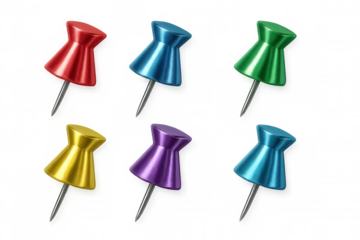 Six colorful pushpins with metal needle tips are displayed against a transparent background, ready for use in various applications