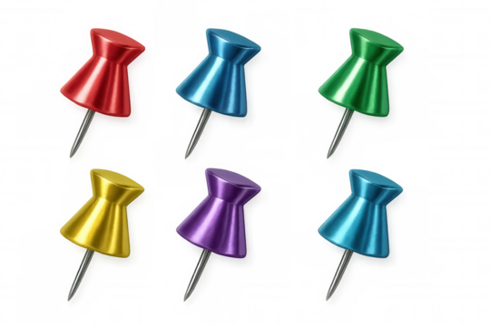 Six colorful pushpins with metal needle tips are displayed against a transparent background, ready for use in various applications