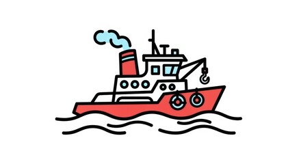 Obraz premium Simple line art illustration of a red tugboat on water.