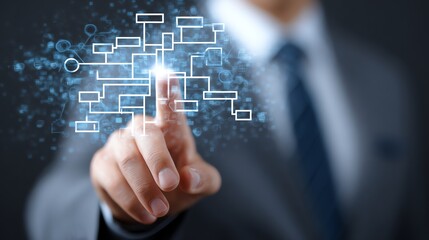 Business analyst pointing to AI-generated decision tree hologram