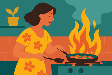 Cartoon character flat vector illustration of people cooking at home, including a man and woman preparing food