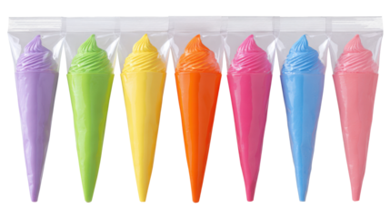 Piping bags with multicolored icing for cake or cookie decoration isolated on a white background