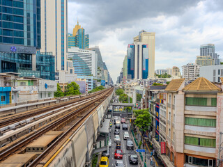 Train at NANA BTS Station Sukhumvit Rd BKK BTS Bangkok Mass Transit System Sky train which is an elevated tram over the busy streets oh BKK Thailand 