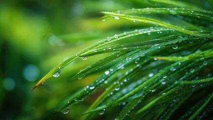 Close-up of pine needles covered in dew drops