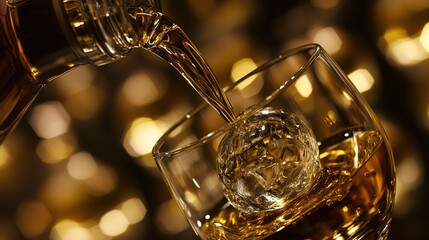 Pouring whiskey into a glass with an ice ball, creating a luxurious wine - tasting scene