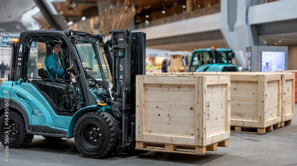 Poster warehouse operations in modern facility with forklifts moving crates during busy workday