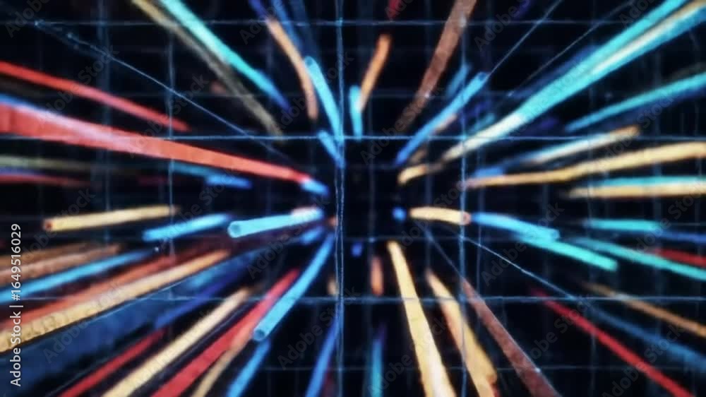 Poster abstract digital background with vibrant light streaks and a grid pattern, creating a dynamic and en