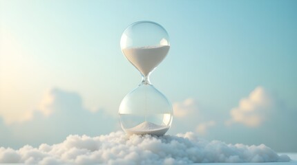 Transparent hourglass with clouds as sand floating in pastel sky, ultra realistic