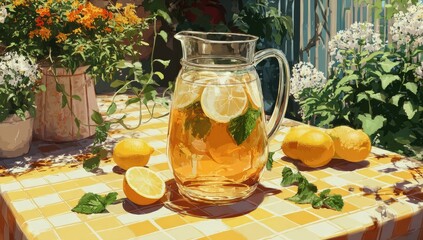 Summer iced tea in a glass pitcher