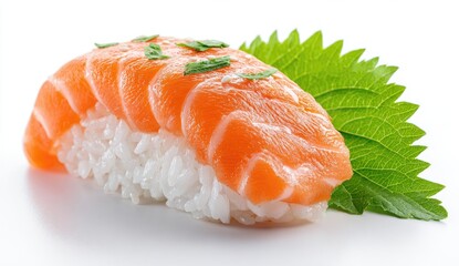 Close-up of a salmon sushi piece.  Fresh, vibrant salmon sits atop a bed of white rice. A garnish of fresh green leaves complements the dish