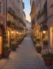 Fototapeta premium Charming European Downtown Street at Early Evening