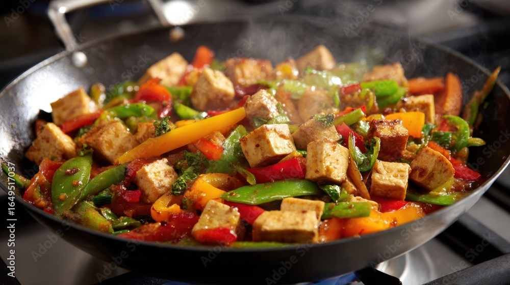 Aufkleber steaming hot vegetarian stir fry featuring tofu and an array of colorful vegetables sizzling in a wo
