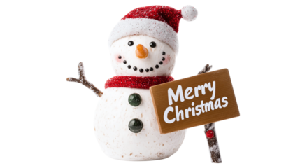 • A snowman holding a sign that says "Merry Christmas", isolated on white background in HD 